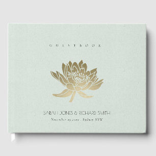 GLAMOROUS PALE BLUE SILVER LOTUS FLORAL MONOGRAM GUEST BOOK