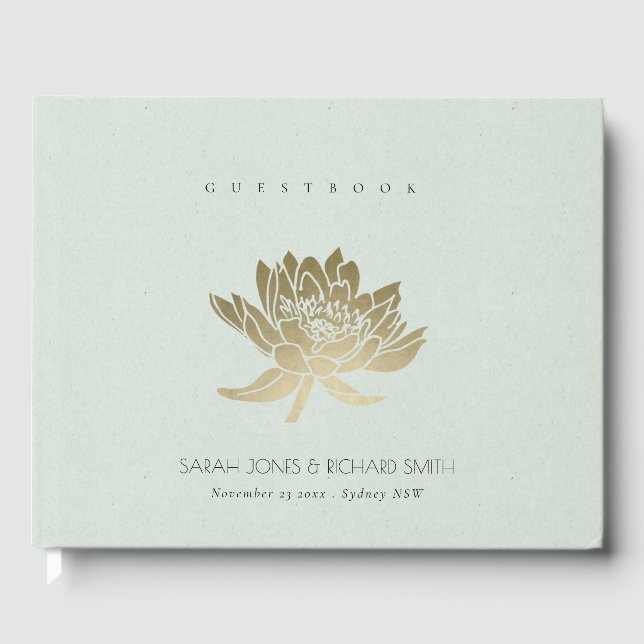 GLAMOROUS PALE BLUE SILVER LOTUS FLORAL MONOGRAM GUEST BOOK (Front)