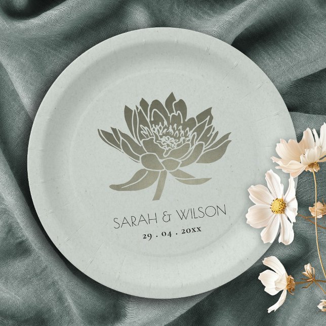 GLAMOROUS PALE BLUE SILVER LOTUS FLORAL MONOGRAM PAPER PLATE (Creator Uploaded)