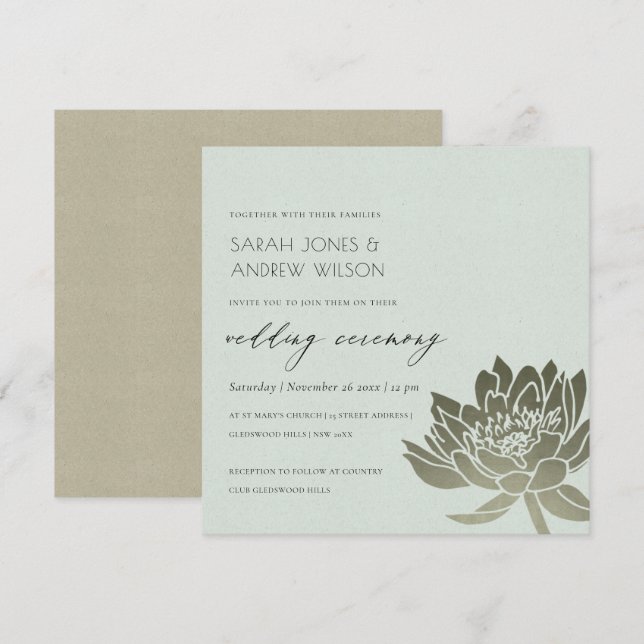 GLAMOROUS PALE BLUE SILVER  LOTUS FLORAL WEDDING INVITATION (Front/Back)