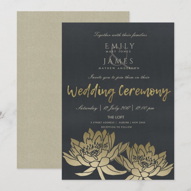 GLAMOROUS PALE GOLD BLACK LOTUS FLORAL WEDDING INVITATION (Front/Back)