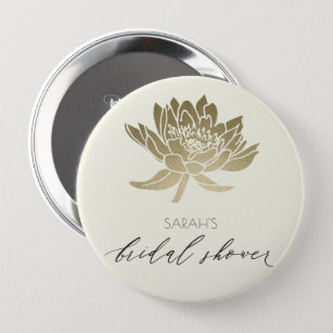 GLAMOROUS PALE GOLD WHITE FLORAL BRIDAL SHOWER 4 INCH ROUND BUTTON