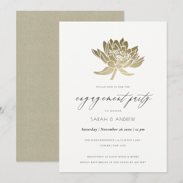GLAMOROUS PALE GOLD WHITE KRAFT LOTUS ENGAGEMENT INVITATION (Front/Back)