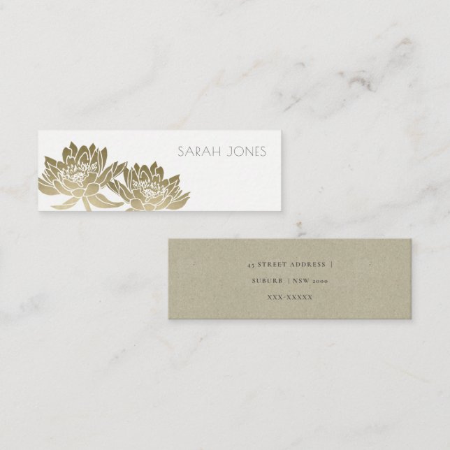GLAMOROUS PALE GOLD WHITE LOTUS FLORAL  ADDRESS MINI BUSINESS CARD (Front/Back)