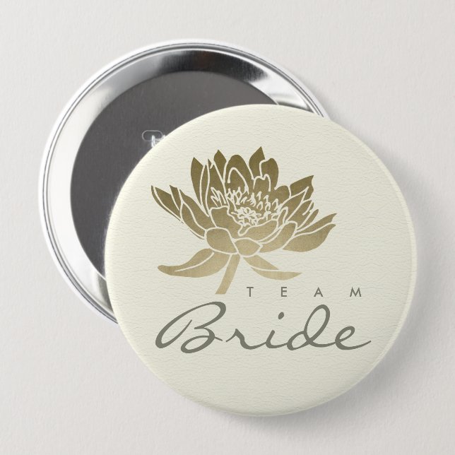 GLAMOROUS PALE GOLD WHITE LOTUS FLORAL TEAM BRIDE 4 INCH ROUND BUTTON (Front & Back)