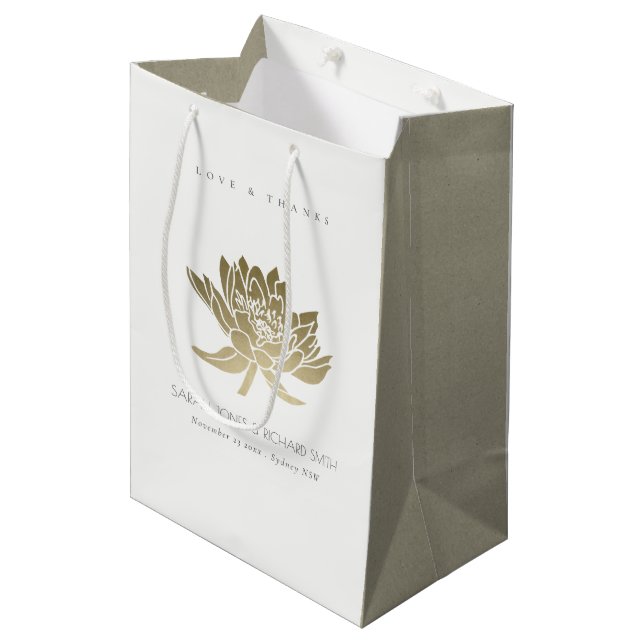 GLAMOROUS PALE GOLD WHITE LOTUS FLORAL WEDDING MEDIUM GIFT BAG (Front Angled)
