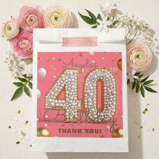 Glamorous Pink Pearl Gold 40th Birthday Thank You Favour Bag