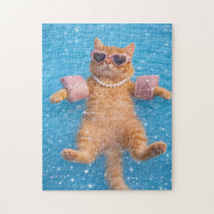 Glamorous Poolside Cat Floating In Style           Jigsaw Puzzle