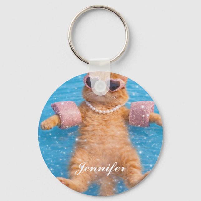 Glamorous Poolside Cat Floating In Style           Keychain (Front)