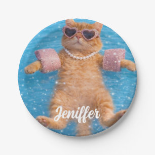 Glamorous Poolside Cat Floating In Style Paper Plate