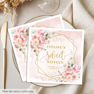 Glamorous Powder Pink Gold Flowers Sweet Sixteen Napkin