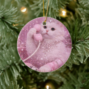 Glamorous Princess Cat Using Pink Telephone Ceramic Ornament
