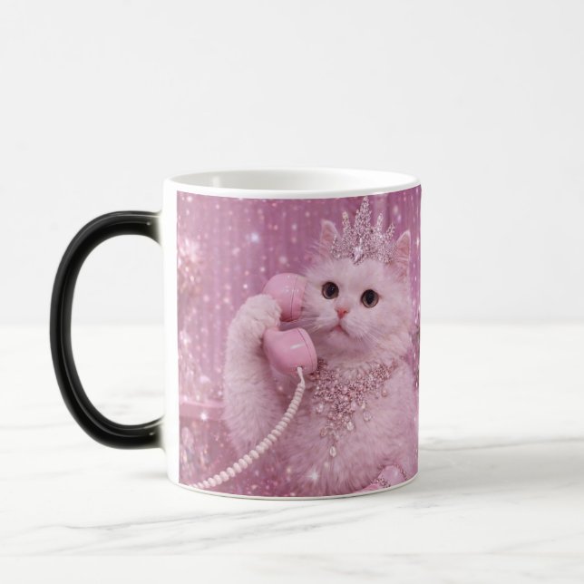 Glamorous Princess Cat Using Pink Telephone        Magic Mug (Left)