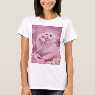 Glamorous Princess Cat Using Pink Telephone        T-Shirt