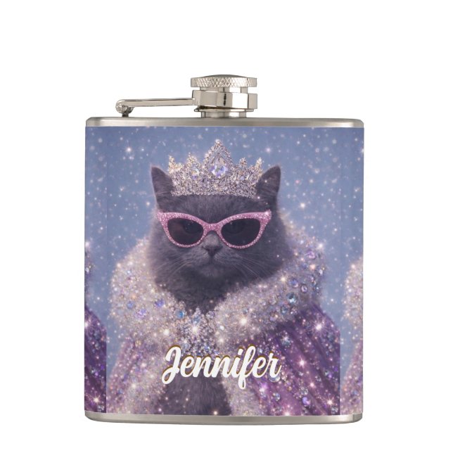 Glamorous Queen Cat Sparkling Fantasy Portrait     Hip Flask (Front)
