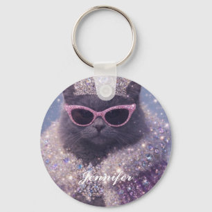Glamorous Queen Cat Sparkling Fantasy Portrait     Keychain