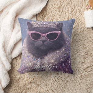 Glamorous Queen Cat Sparkling Fantasy Portrait Throw Pillow