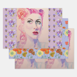 Glamorous Retro Woman Vintage Purple Watercolor Wrapping Paper Sheet