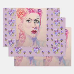 Glamorous Retro Woman Vintage Purple Watercolor Wrapping Paper Sheet