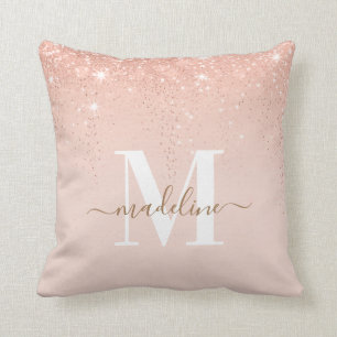 Glamorous Rosegold Glitter Elegant Script Monogram Throw Pillow