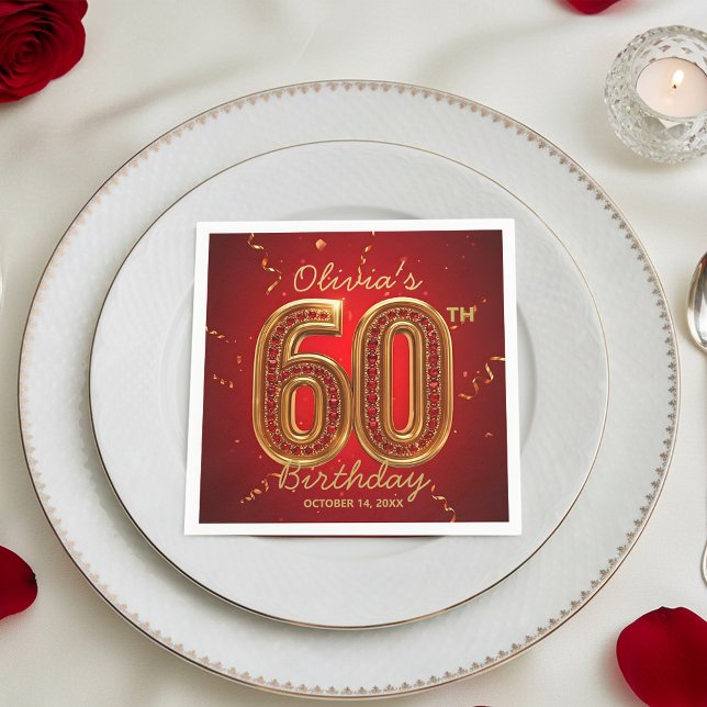 Glamorous Ruby Red Gold Jewel 60th Birthday Napkin (Creator Uploaded)