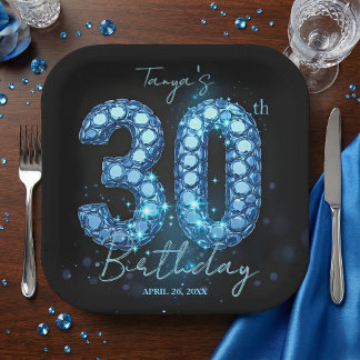 Glamorous Sapphire Blue Jewel Mosaic 30th Birthday Paper Plate