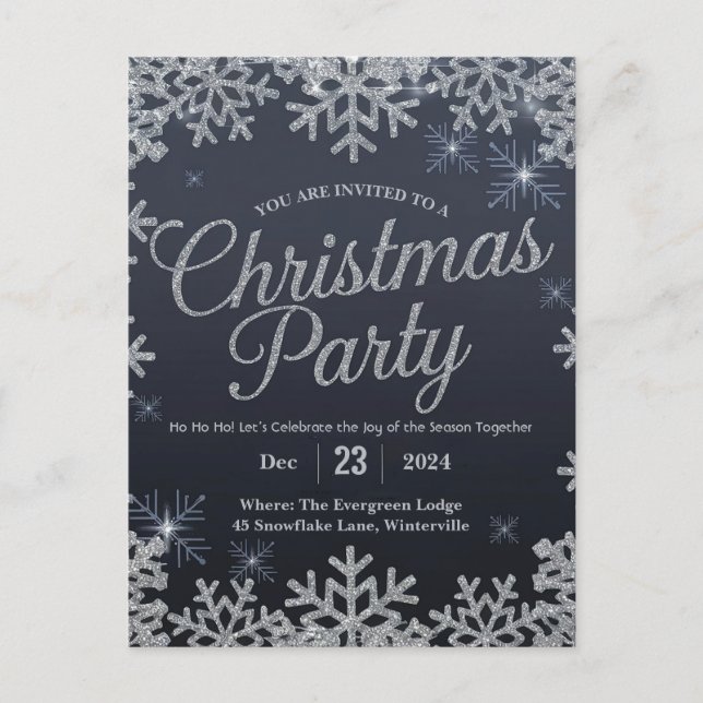 Glamorous Silver and Blue Sparkle Christmas Party  Postcard (Front)
