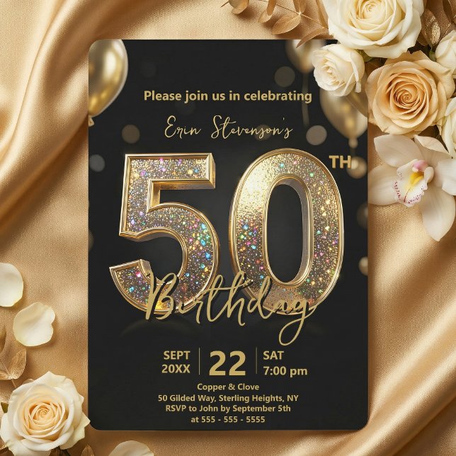Glamorous Sparkly Black and Gold 50th Birthday Invitation (Creator Uploaded)