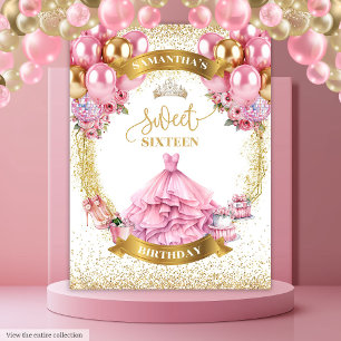 Glamorous Sweet Sixteen Backdrop Pink Dress Gold Tapestry