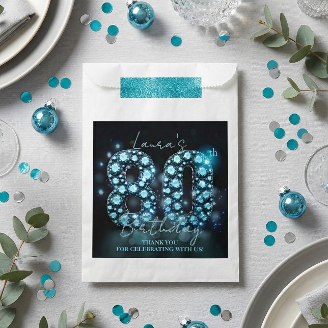 Glamorous Teal Blue Diamonds Black 80th Birthday Favour Bag (Creator Uploaded)
