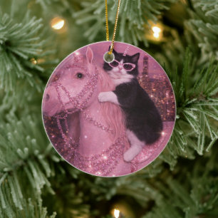 Glamorous Unicorn Cat Under Sparkling City         Ceramic Ornament