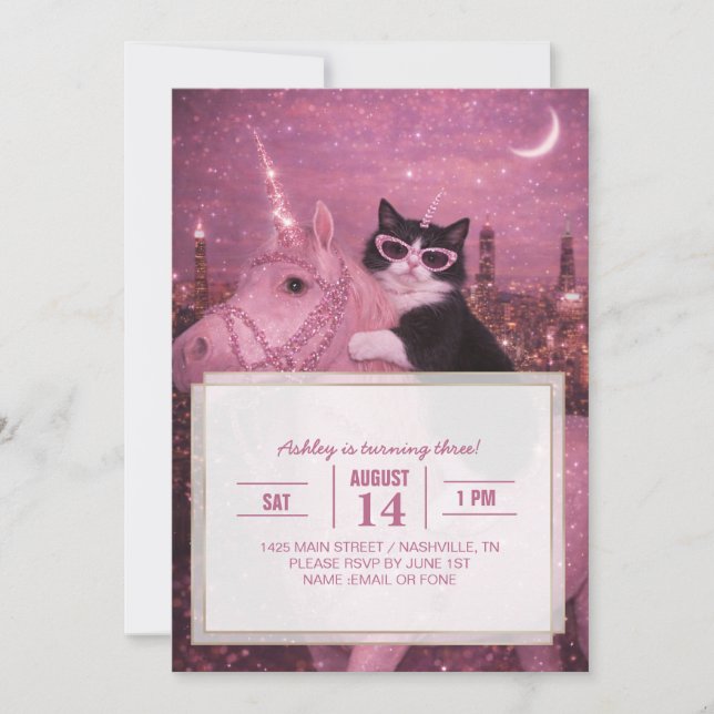 Glamorous Unicorn Cat Under Sparkling City         Invitation (Front)