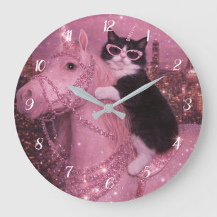 Glamorous Unicorn Cat Under Sparkling City         Large Clock