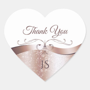 Glamorous Wavy Rose Gold Decor on White Thank You Heart Sticker
