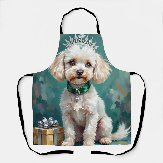 Glamorous White Poodle Princess Christmas Art Apron (Front)