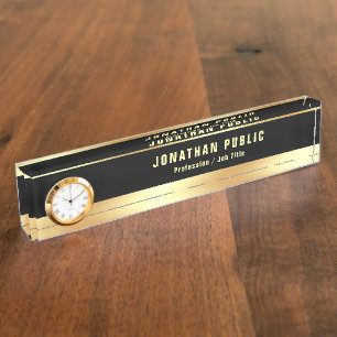 Glamour Black Gold Modern Template With Clock Nameplate