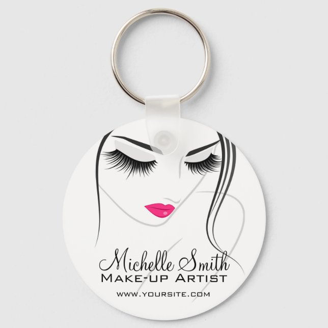 Glamour Black White Pink Lashes Makeup and Beauty  Keychain (Front)