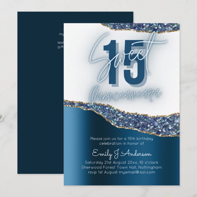 Glamour Blue Silver Foil Glitter Quinceanera 15th Invitation (Front/Back)