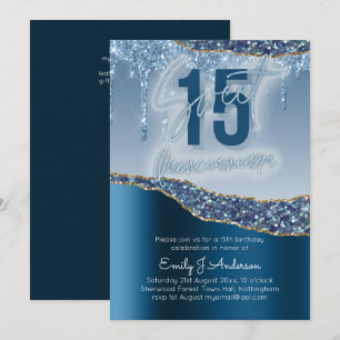 Glamour Blue Silver Foil Glitter Quinceanera 15th Invitation