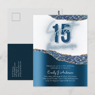 Glamour Blue Silver Foil Glitter Quinceanera 15th Postcard