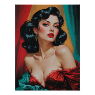 Glamour Brunette Pin-Up Portrait Red Dress Poster