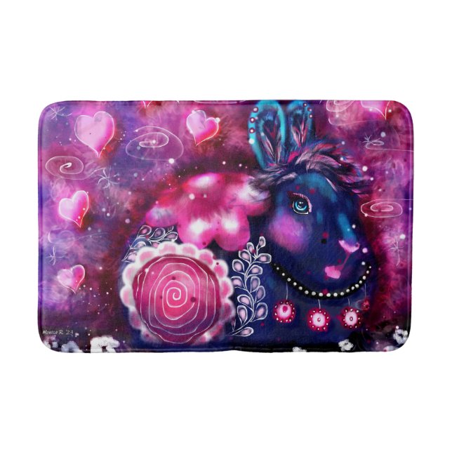 Glamour Bunny Rabbit Purple Pink Whimsical Floral Bath Mat (Front)
