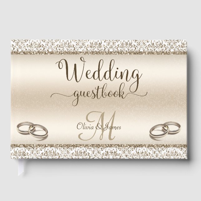 Glamour Champagne Damask Metallic Wedding Guest Book (Front)