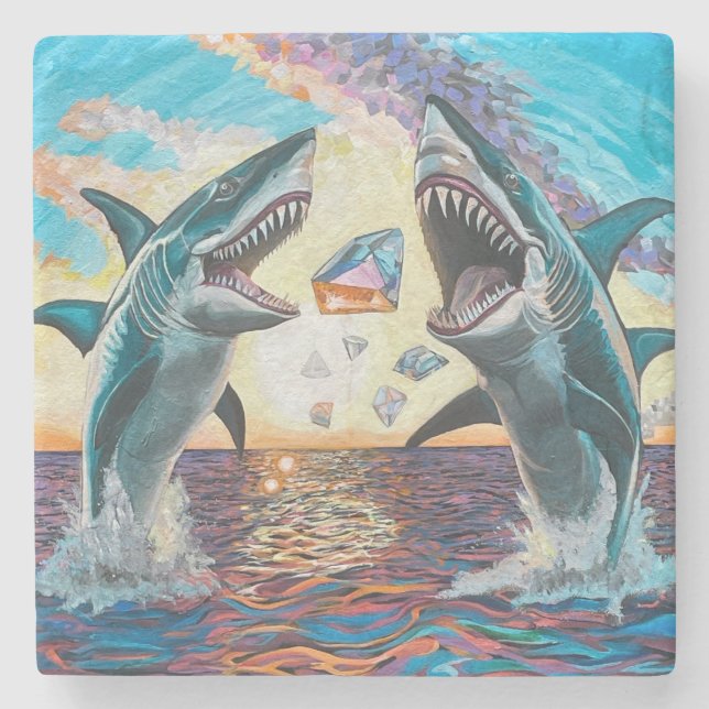 Glamour Chomp-Shark Breaching for Shiny Gems- Stone Coaster (Front)