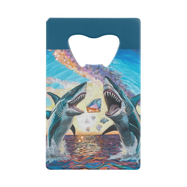 Glamour Chomp-Sharks Breaching for Shiny Gems- Credit Card Bottle Opener (Front)