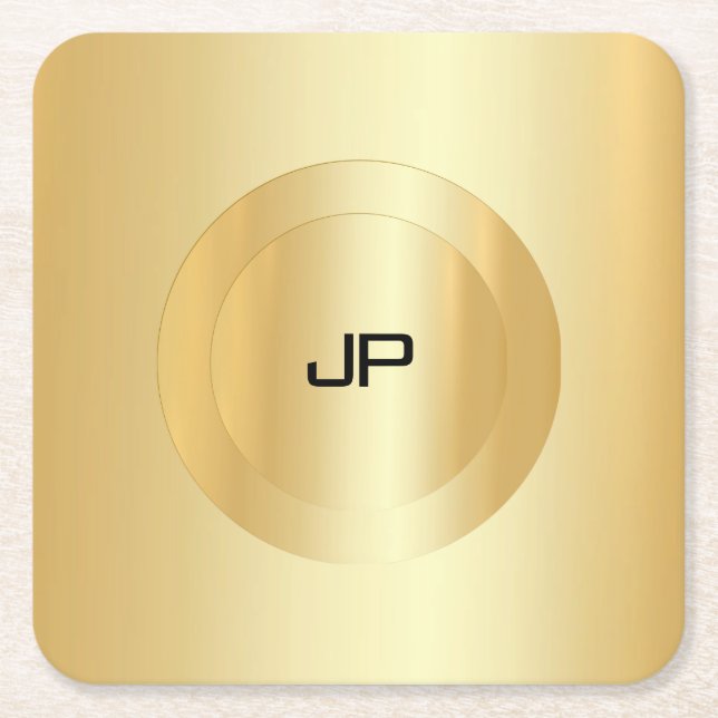 Glamour Faux Gold Monogram Personalized Template Square Paper Coaster (Front)