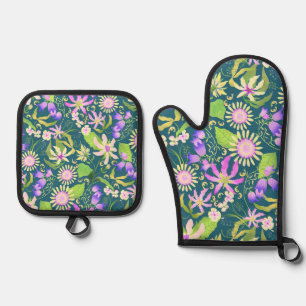 Glamour Floral Turquoise Oven Mitt & Pot Holder Set