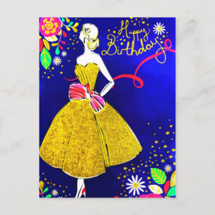Glamour Girl Floral Gold Birthday Party Glitter Holiday Postcard