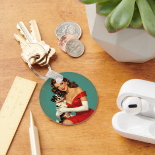 Glamour Girl with Dog Digital Art Keychain