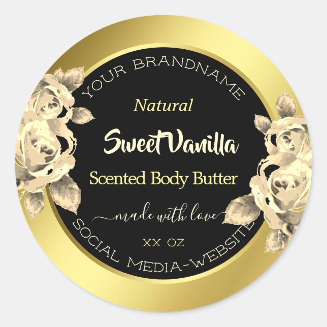 Glamour Gold Black Floral Product Packaging Labels (Front)